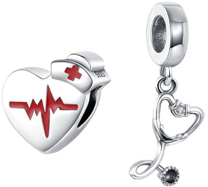 Amuefer Stethoscop & Nurse Heartbeating Charms für Armbänder 925 Sterling Silber Anhänger für Halsketten Geburtstag Weihnachten Schmuck Geschenke für Frauen-2 Stück