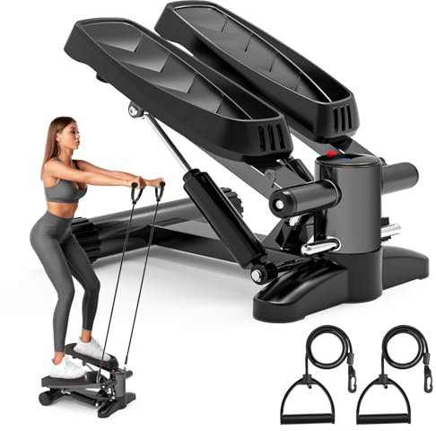 Stepper, Tohoyard Mini Stepper für Zuhause 150kg mit Widerstandsbändern, LCD Display, Großen Pedalen, Stepper Hometrainer für Anfänger & Fortgeschrittene, Fitnessgeräte für Zuhause, Schwarz