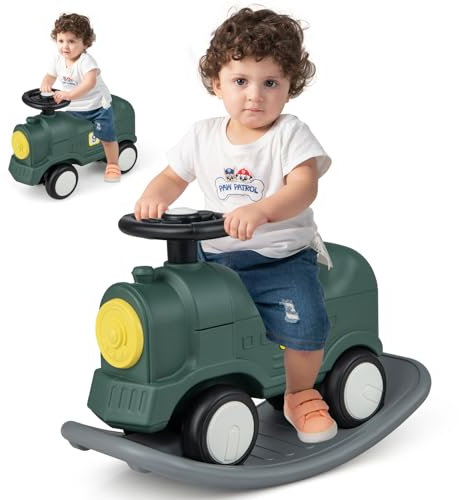 GOPLUS 3 in 1 Kinder Schaukelpferd, Rutschauto mit abnehmbarem Balancierbrett, Schaukelwippe mit 4-Punkt-Kippschutz & 60° Lenkrad, Schaukelspielzeug für Kinder von 18 bis 72 Monate (Zug)