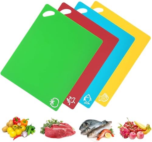 Taasmoog 4x Flexibles Schneidebrett Kunststoff Dünn, Frühstücksbrettchen, Schneidematte Küche mit Lebensmittel-Icons & Easy-Grip-Griffe für Fisch Gemüse Obst Fleisch Brot