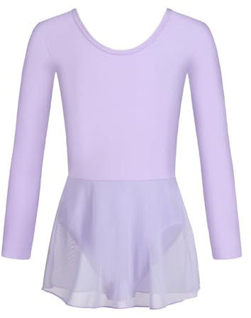 Girls Classic Long Sleeve Ballet Leotard Skirt Dance Dress, Purple, 3-4T