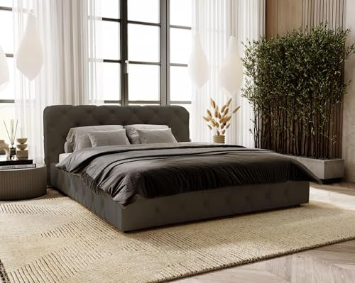 Emporius Polsterbett 200x200 Alise, Glamour Stil, Schlafzimmer - Doppelbett mit Bettkasten, Lattenrost - Velvet (Dunkelgrau - Amor Velvet 4321)