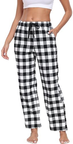 goodmansam Pantalon de Pyjama Long à Carreaux Pour Femme 100% Coton Bas de Pyjama Chaud Vêtements de Pantalon de Doux Loisirs Légeravec Poches et Cordon de Serrage, Noir et Blanc, S
