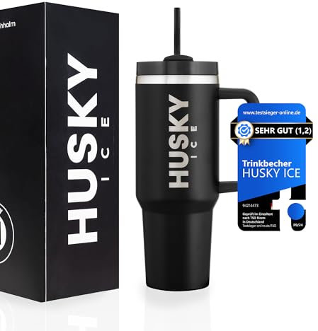 HUSKY ICE Thermobecher mit Strohhalm und Griff [24h Eiskalt] 1.2 Liter Cup - Trinkbecher mit Deckel und Strohhalm - Kaffebecher – Isolierbecher & Thermos (Schwarz)