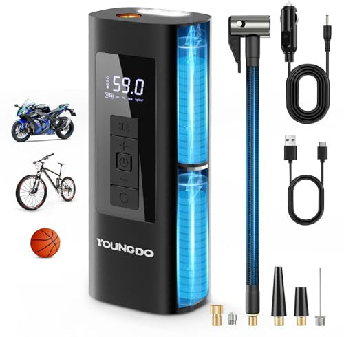 Compresseur à Air Portatif, YOUNGDO Gonfleur Pneus Voiture,150PSI, Pompe à Vélo Électrique,6000mAh, avec Lamp LED, pour Vélo, Voiture, Moto, Balle