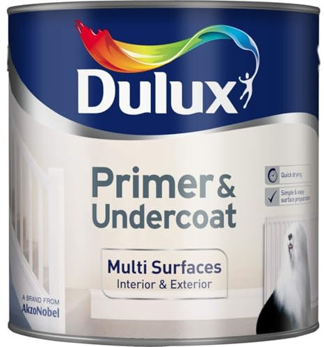 AMK® Dulux Primer And Undercoat Paint White Multi Surface 2.5L One Coat Formula Exterior Interior Wood Metal Masonry Surfaces Water Based Quick Drying Low Odour