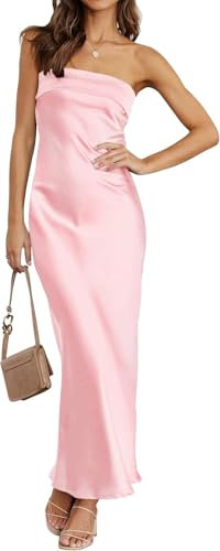 LLECDASEUI Femmes 2024 été Robe bustier en satin Bodycon sexy sans dos Mariage Cocktail Party robes maxi (S,Rose)