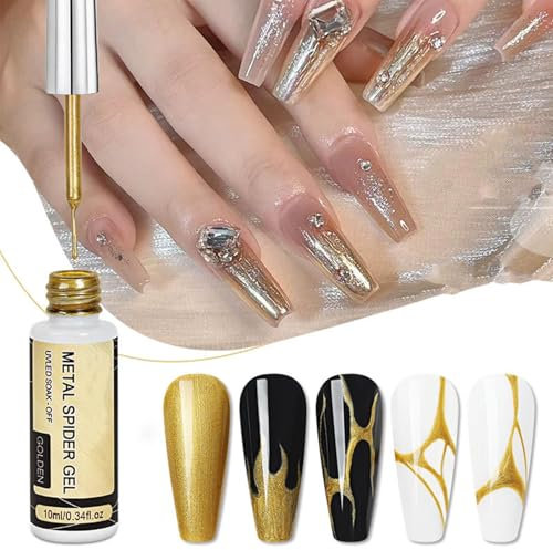 Nail Art Polish Gel Liner,Nail Art Polish For Nail Design Gold Color Glitter Gel Nail Polish Soak off Curing Requires 10 ml with Nail Art Brush,Nail Art Manicure 3D Gel for Nails Gold Chrome(Gold)