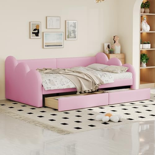 Ctastay Divano Letto Imbottito 90x200cm, Letto Multifunzionale con Schienale e Braccioli con 2 Cassetti Contenitore, Letto per Bambini, Letto da Soggiorno,Rosa, Senza Materasso.