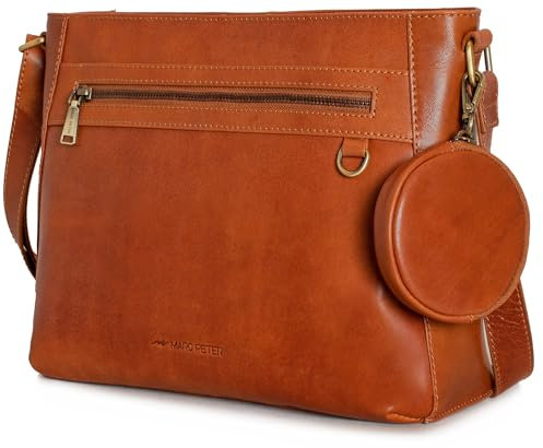 Marc Peter Vintage Umhängetasche Charwig |Mittelgroße Schultertasche Crossbody Bag aus Leder | Handtasche für Damen - Braun