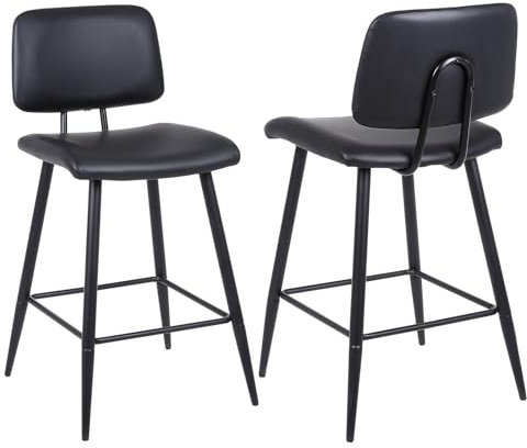 Youhauchair Taburetes Altos de Cocina Juego de 2, Moderno de Piel Sintética para Isla de Cocina, Taburete de Bar con Respaldo y Patas de Metal, Taburete Alto Tapizado, Negro