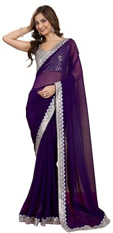 TRENDMALLS Women's Georgette Embroidery Saree with Unstitched Blouse Piece (K1139-Purple)