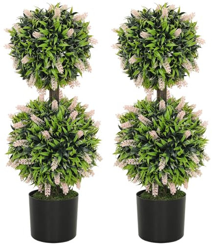 HOMCOM Set of 2 Decorative Artificial Plants Ball Trees with Lavender Flowers in Pot Fake Plants for Home Indoor Outdoor Decor, 70cm, Pink