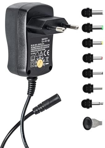 DEBFLEX - Chargeur Universel Multivoltage (3V/4.5V/5V/6V/7.5V/9V/12V) + 7 Embouts Adaptateurs - Chargeur pour PC Portable & Appareils Electroniques - Cordon 1,5 Mètre - Noir