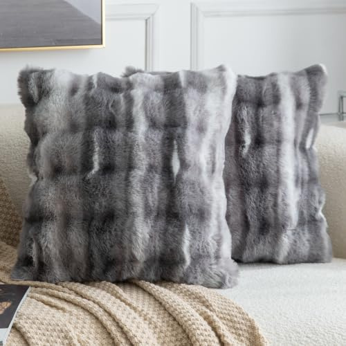 Madizz 2er Set Sanft Plüsch Kurze Wolle Samt Dekorativ Zierkissenbezüge Luxus Stil Kissenbezug für Sofa für Schlafzimmer Dunkelgrau 50x50 cm