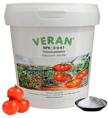 VERAN Fertilizante Cloruro Potásico NPK 0-0-61 1Kg | Abono para Tomates | Abono Rico en Potasio Hidrosoluble | También para Hortalizas, Frutas y Cultivos Exigentes en Potasio