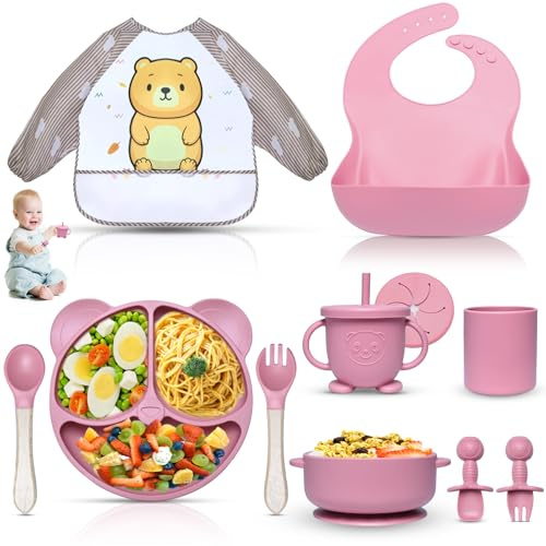 Dazhtu 11 pcs Baby Weaning Set, Silicone Baby Feeding Set with Suction Bowl, Adjustable Bib,Cup,Fork & Spoon,Silicone Plate Baby, Food Plate Kit, Ideal Baby Feeding Set for Baby Gifts(Pink)