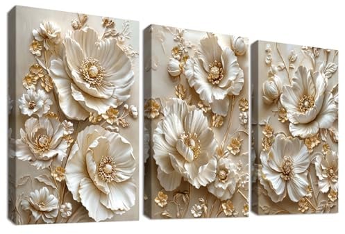 3Pcs Mit Rahmen Leinwand Bilder Luxus Apricot Gold 3D Pfingstrosen Blumen Bild auf Leinwand Malerei Vintage Blumen Kamee Wandbilder Zuhause Wohnzimmer Schlafzimmer Badezimmer Wanddeko 50x70cm x3pcs