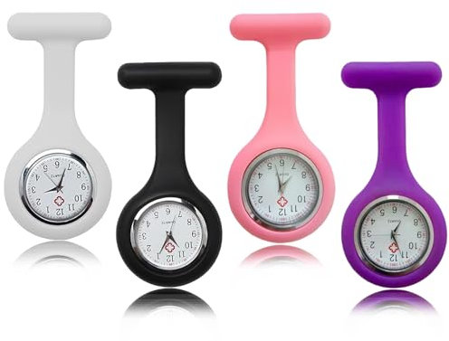 KxrTpx 4Pcs Watches for Nurses, Nurse Accessories, Nurse Fob Watch - Silicone Quartz Pocket Watch for Medical Professionals, Hospital Staff, Nursing Students (Black, White, Pink, Light Blue)