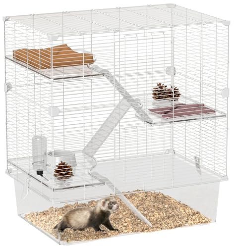 PawHut Gabbia per Roditori Multilivello con Accessori Inclusi, Gabbia per Criceti in Acciaio, PET e PS, 73x47x80 cm, Bianco