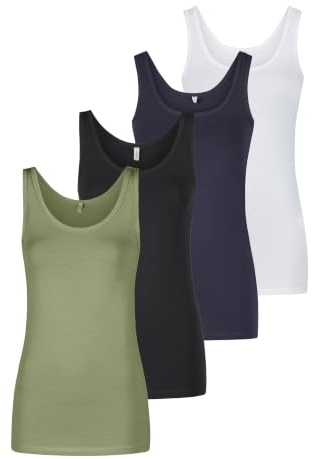 ONLY Tank Top Damen Baumwolle Stretch Slim Fit Onllive LUV 4er Pack Set | Basic Shirt Rundhals Trägershirt Ärmellos Oberteile Einfarbig Schwarz Weiß Beige Rot Grün Blau Navy S M L XL XXL