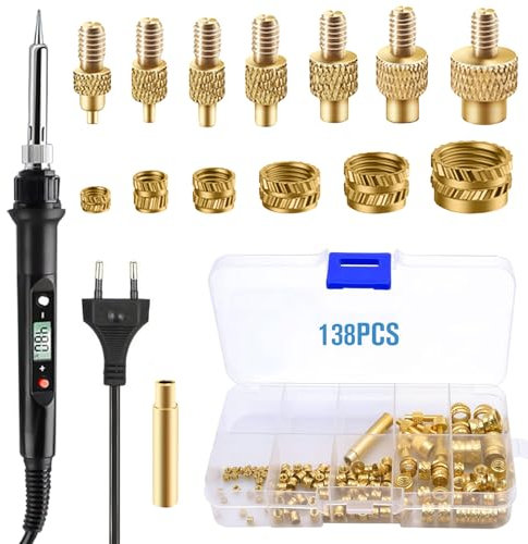 Gewindeeinsätze Lötspitzen Set, LED Temperatur Einstellbar Lötkolben mit 8Pcs Lötspitzen und 130 Pcs Gewindeeinsätze M2/M3/M4/M5/M6/M8, Gewindeeinsatz 3D Druck