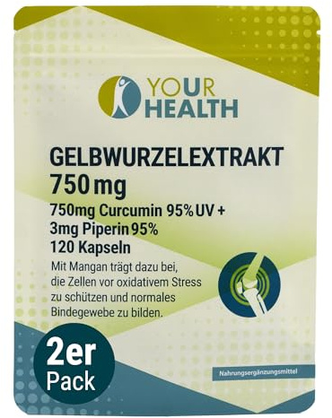 GELBWURZELEXTRAKT 750mg Curcumin 95% UV + 3mg Piperin 95%; in pflanzlichen Kapseln; mit Mangan - 240 Kapseln (2er Pack)