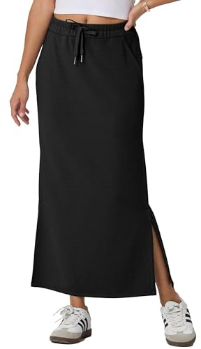 GRECERELLE Rock Damen Lang Elegant Knitterfrei Sommer Röcke A-Linie Elastische Hohe Taille Maxirock Maxi Skirt mit Taschen Kordelzug Schlitz (Schwarz, L)