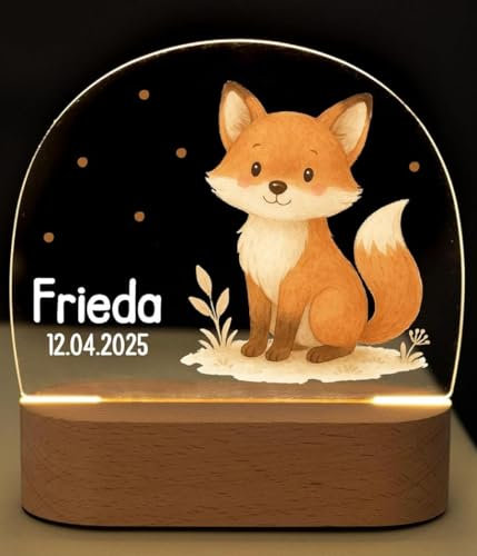 Bärenfreunde personalisiertes Nachtlicht für Babys, Nachttischlampe für Kinderzimmer, Babyzimmer, Nachttisch optional mit Akku und Fernbedienung als Geschenk für Kinder (Baby Fuchs Punkte)