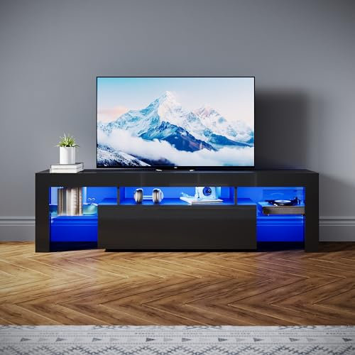 SONNI Meuble TV moderne de 160 cm - Noir brillant - Avec éclairage LED - Tiroir - Tablettes en verre ouvertes - Pour TV jusqu'à 65 - Salon et chambre à coucher - 160 x 35 x 45 cm