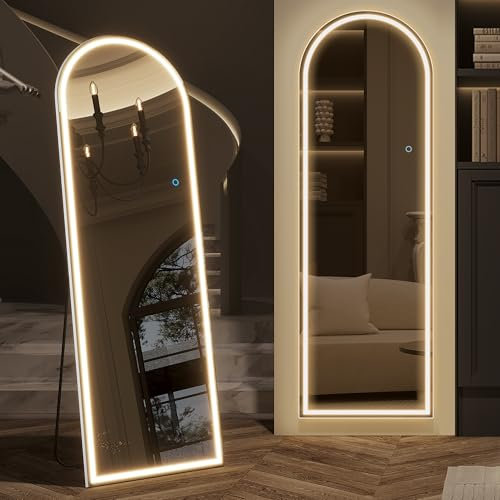 LVSOMT Bogen Ganzkörperspiegel mit Beleuchtung, 153x50cm LED Gewölbter Standspiegel, Moderne Wandspiegel Groß, Stehspiegel ohne Rahmen Beleuchtet, Aufstellspiegel für Schlafzimmer Wohnzimmer, Weiß