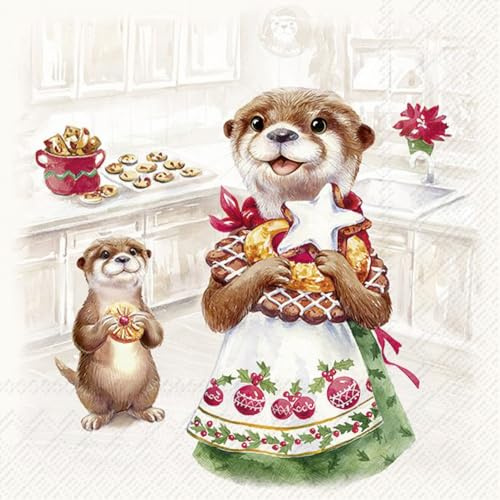 20 Servietten Weihnachten Otterfamilie beim Backen als Tischdeko. Papierservietten mit Motiv. Auch für Decoupage und Serviettentechnik 33x33cm
