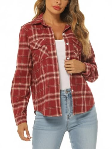 Famrrifuu Camisa de franela para mujer, clásica, manga larga, camisa a cuadros, blusa escocesa, botón Down, informal, algodón, camisetas vintage, Rojo y rosa., XXL