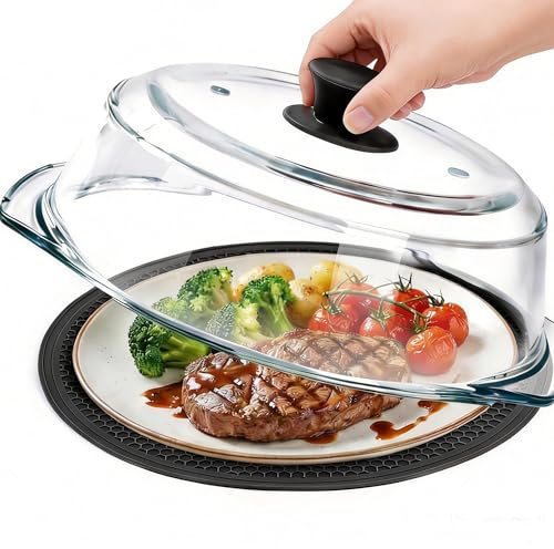 Glass Microwave Splatter Cover for Food with Microwave Place Mat - Sturdy Splatter Guard Lid with Vent Holes and Easy-Grip Silicone Handle - BPA Free, Dishwasher Safe (Black)