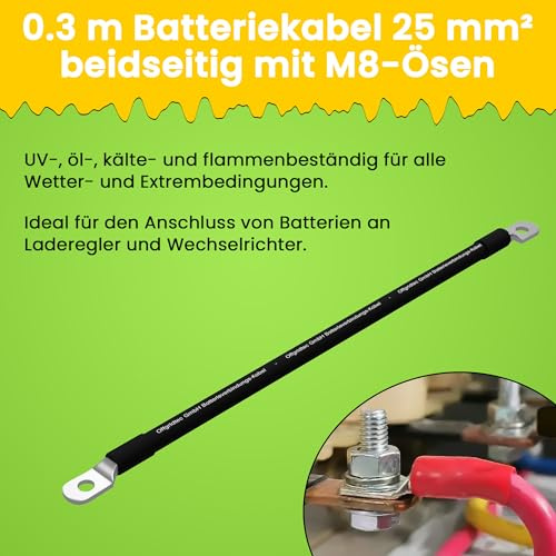 Offgridtec Schwerlast-Batteriekabel-Brücke 25mm², Doppel-M8-Ringkabelschuhe, Hochstrom-Gleichstromleitung für Batterien, Wechselrichter & Boote, Flexibel, Öl-, UV- & Flammenbeständig (0,3 m, Schwarz)