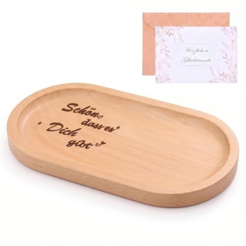 Seutgjie Schön DASS Es Dich Gibt Geschenke Holztablett mit Grußkarten | Personalisierte Geschenke für Frauen Männer Kollegen Freundin Geburtstag Holz Deko Tablett mit Gravur Kleine Aufmerksamkeit