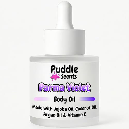 Parma Violet Body Oil - 30ml in Frosted White Glass Bottle - With 4 Natural Oils - Sweet Scent - Branded Gift Box - Vegan Friendly - Puddle of Wax - Made in the UK
