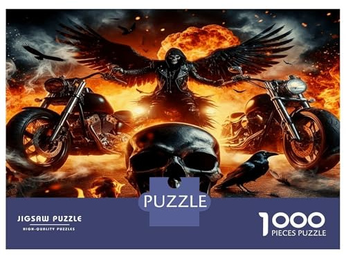 Totenkopf-Biker Dunkel 1000 Stück Puzzle Für Erwachsene Gothic-Rebellion Puzzle Extra Dicke Pappe – Stressabbau Reise, Erwachsene Kinder Ab 12 Jahre Gehirntraining 70x50cm/1000pcs