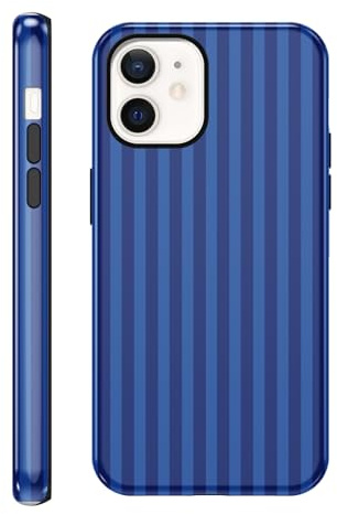 Tivkofk Cute Striped Phone Case for iPhone 12/iPhone 12 Pro 6.1'', Aesthetic Retro Unique Stripe Pattern Case, 2-in-1 Double Layer Shockproof Protective Cover for Women Girls Men, Dark Blue