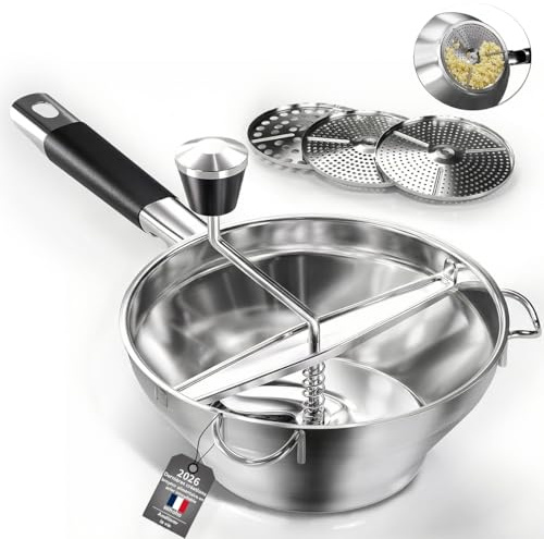 Passatutto in acciaio inox, 3 Dischi in dotazione, macina a manovella per alimenti per,design ergonomico rotante per salsa di pomodoro e purè di patate (argento H)