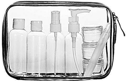 LUZWAY Kulturbeutel Durchsichtig mit 8 Reise Flaschen (Max.100ml) Kosmetiktasche Transparent Kulturtasche für Flüssigkeiten | Reiseset Handgepäck für Flugzeug Kosmetikflaschen Handgepäck Beutel…