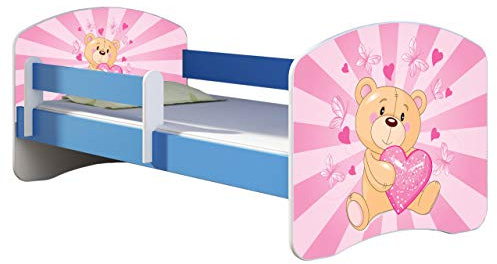ACMA Kinderbett 180x80 cm Blau mit Matratze & Lattenrost – Jugendbett mit Rausfallschutz, personalisiertes Motiv 10 Teddybär, stabiles Kinderbett für Kinderzimmer, belastbar bis 120 kg