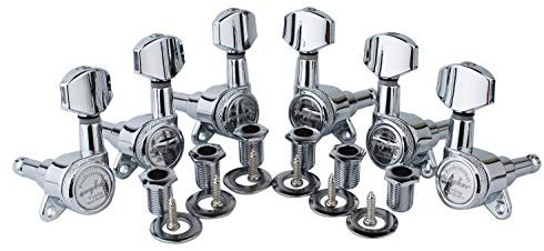 Guyker Guitar Locking Tuners (3L + 3R Handed) - 1:18 Lock String Tuning Key Pegs Machine Head with Hexagonal Handle Replacement for ST TL SG LP Style Electric, Folk or Acoustic Guitars - Chrome