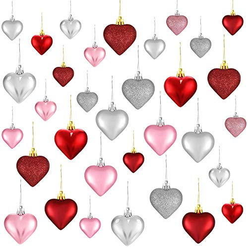 30 Stück Valentinstag Herz Ornamente, 3 Stil Herz Kugeln Herzförmige Weihnachtsbaum Kugeln Herz Hängende Dekorationen für Valentinstag Hochzeitstag, 2 Größen