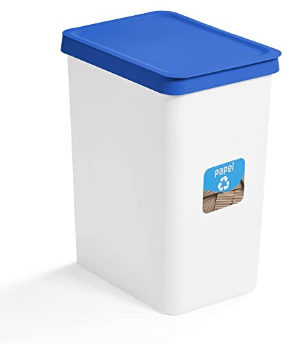 USE FAMILY Papelera Reciclaje Papel y Cartón 28L Tapa Azul, Recycle. Cubo Blanco con Pegatina de Reciclaje. Para Bolsas 30L. Cubos de Basura Ecológico Plástico Reciclable