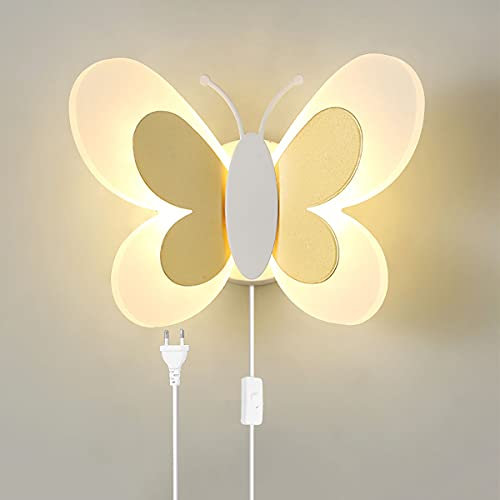 LED Wandleuchte mit Schalter, Kinderzimmer Schmetterling Lampe Modern Innen Wandlampe mit Stecker und kabel, Madchen Junge Nachttischlampe Schmetterling Nachtlicht für Kinder Dimmbar Wandbeleuchtung