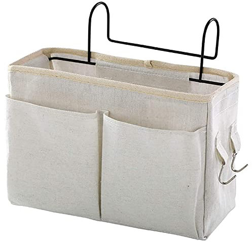 HNJKJEU Bett Organizer Bett Tasche mit Darhthaken Hängetasche Hochbett Aufbewahrungstasche für Buch, Magazin, Handy, Kopfhörer Bett Aufbewahrung(Weiß)
