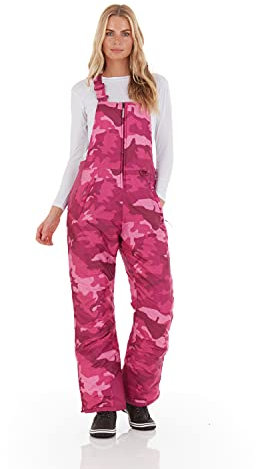 Arctic Quest Damen Skihose, Schnee-Lätzchen, isoliert, wasserabweisend, Overall, Snowboarden, Winter, wasserdichte Hose für Damen, Pinkfarbenes Camouflage-Muster, Small