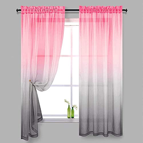 Ricemru Gardinen Vorhänge Farbverlauf Rosa Grau Kurz Voile Vorhang Transparent Bunt Kinderzimmer Junge Mädchen Tüllvorhang Fensterschals 2er Set für Wohnzimmer Schlafzimmer,132x160