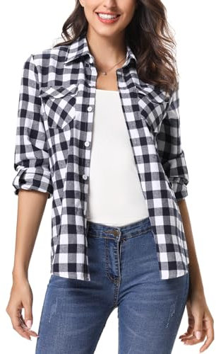 Irevial Damen Karierte Bluse Karo Flanell Hemden Classic Button-down Blusenshirt Langarm Plaid Shirt Oberteile für Frühling und Herbst， Schwarz+Weiß， XXL